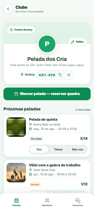 Tela do clube e dos jogos do time