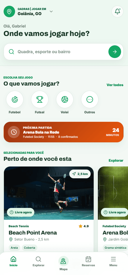 Tela inicial do aplicativo Qadras